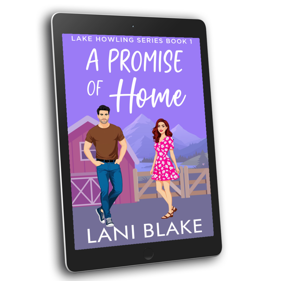 An eBook cover of a small town romance (A Promise of Home) on a tablet. The cover has a couple standing in front of a mountain range.