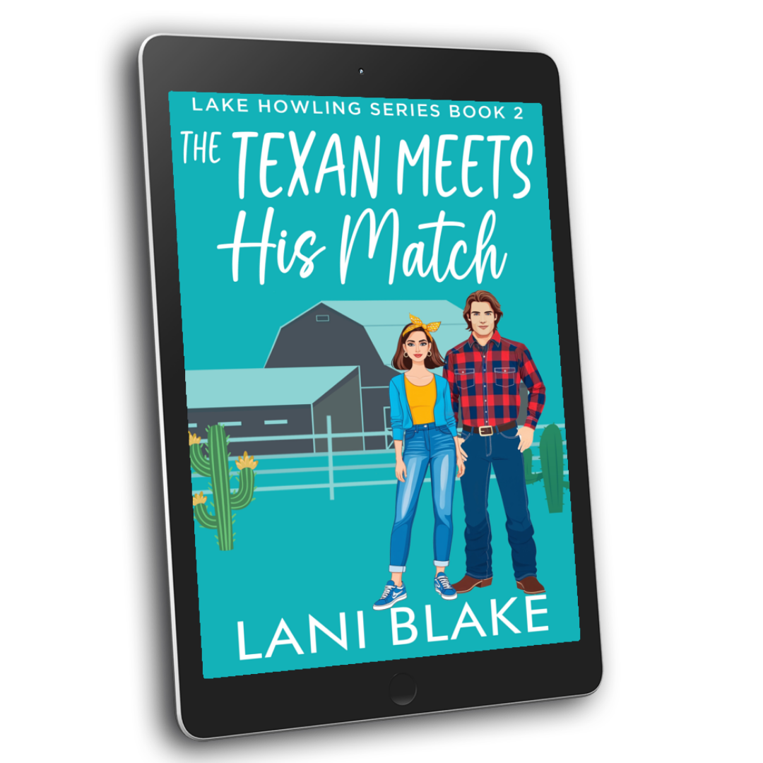 An e-book cover for 'The Texan Meets His Match: Lake Howling Book 2' featuring two characters, a man and a woman, in front of a backdrop of a ranch setting. The title and author's name, Lani Blake, are prominently displayed.