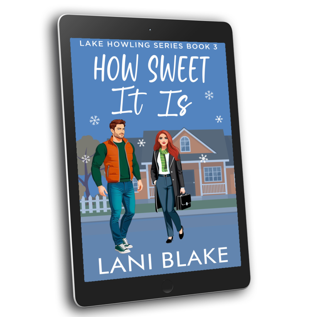 Image of a tablet with a small town book cover. Cover image is of a couple standing in front of a house.