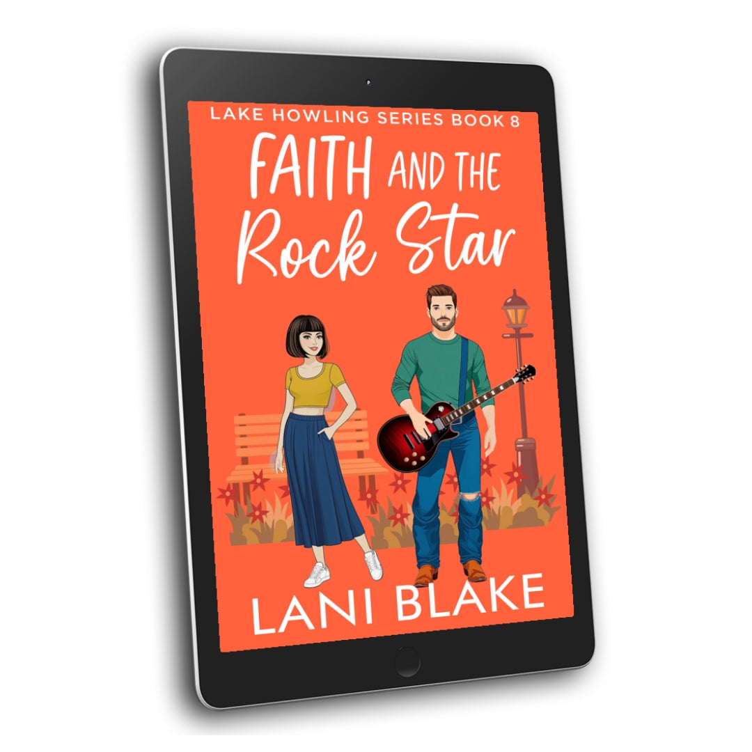 Image of book cover on a table. Book cover is Faith and the Rock Star, with an image of a women in a skirt of shirt and a man in jeans and a long sleeve top with a guitar.