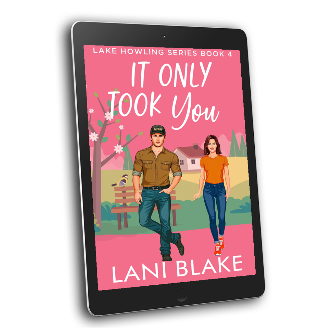 Image of small town romance book cover on a tablet. Image is of a couple standing in front of a park bench.