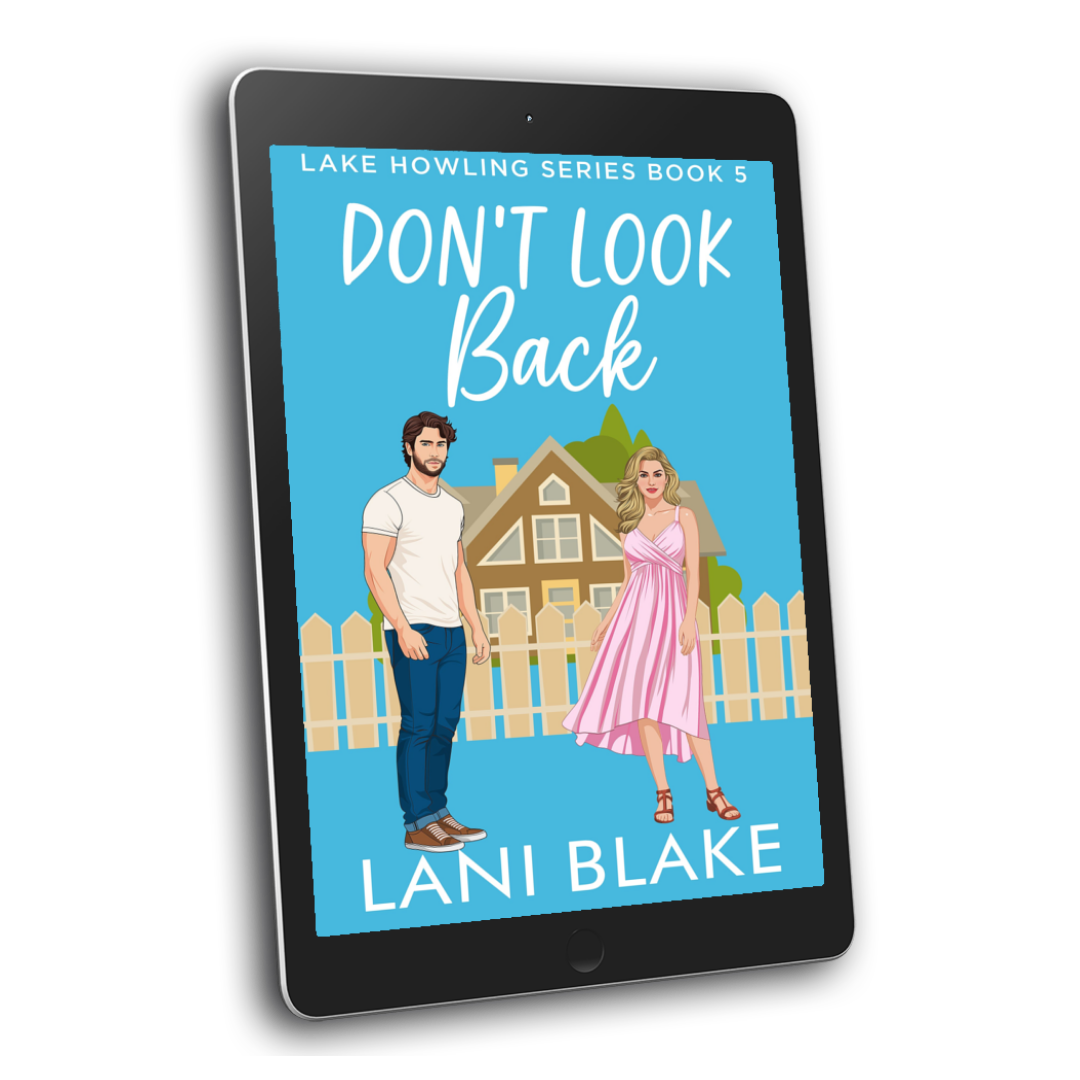 Image of a book cover on a tablet. Small town romance book Don't Look Back, couple standing in front of a house.