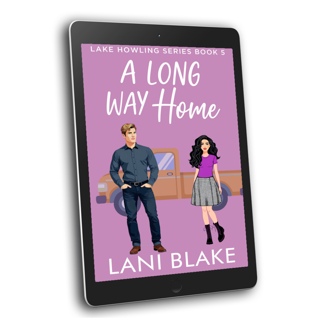 Image of a book cover on a tablet. Book is A Long Way Home, a couple standing in front of a pick up truck.