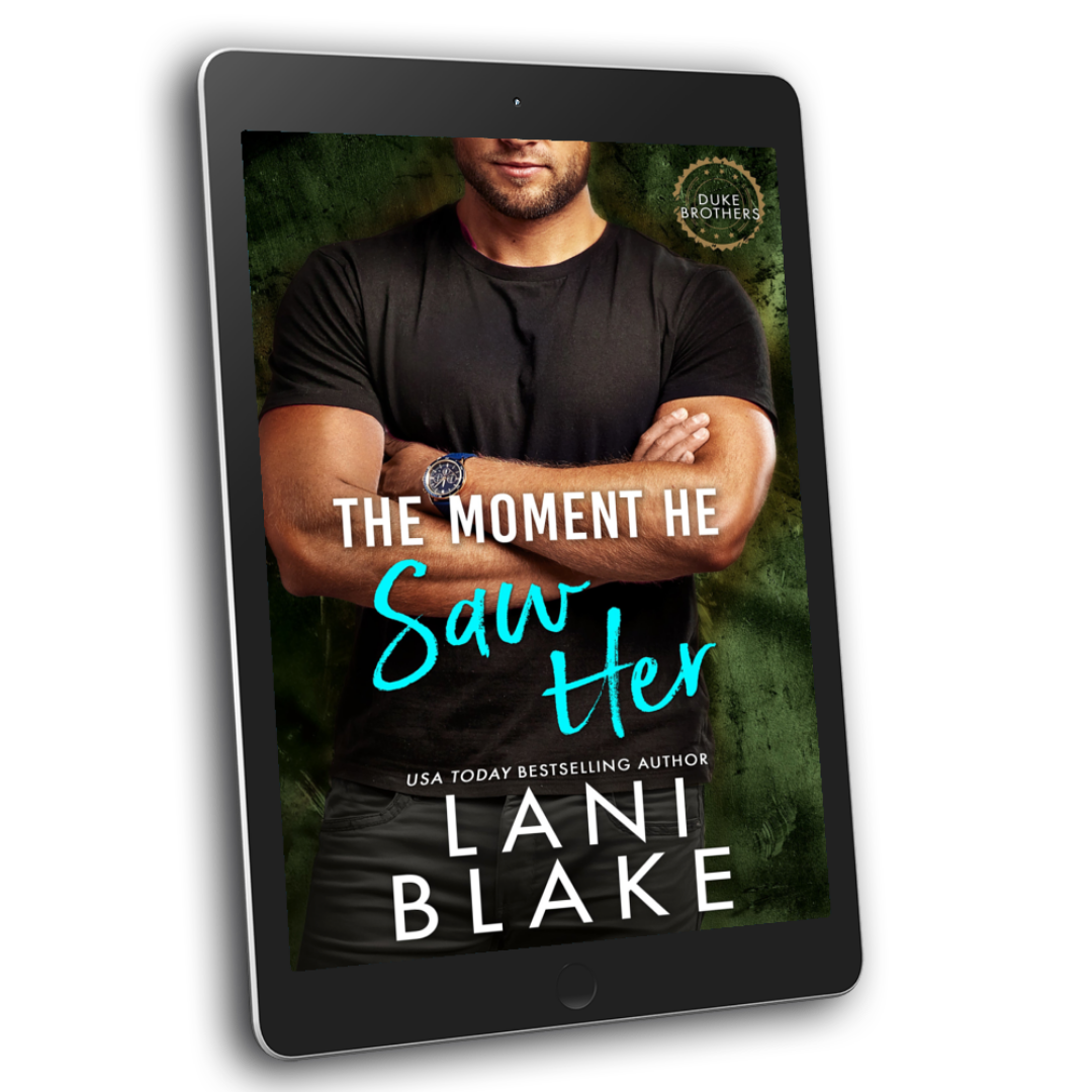 eBook cover of 'The Moment He Saw Her' featuring an image of a man on a tablet with the title and author's name, Lani Blake.