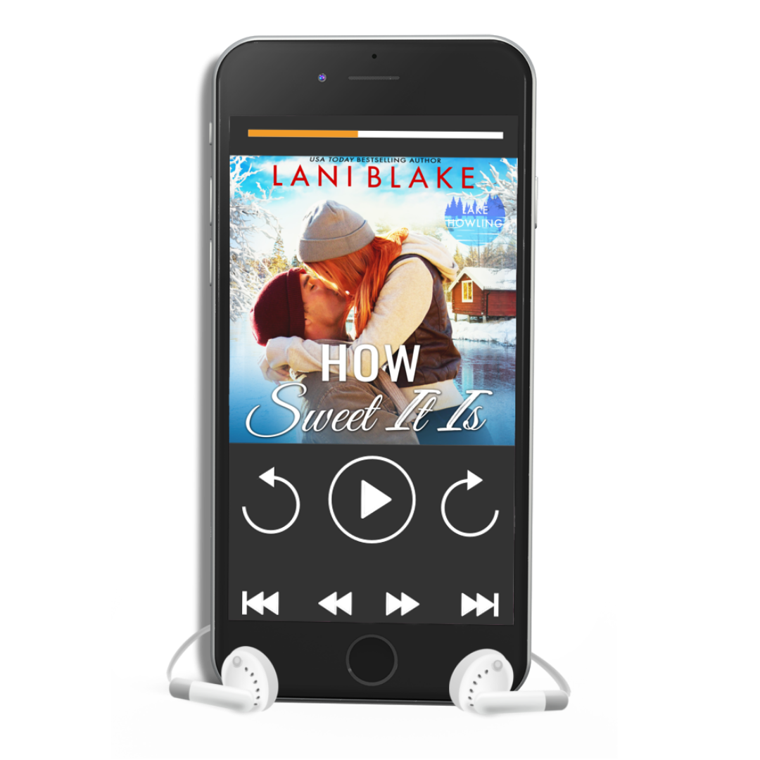 A smartphone displaying an audiobook cover (How Sweet It Is) with a couple embracing, indicating a romantic theme. The phone is connected to headphones, and there are control buttons visible for playing and pausing the audiobook.